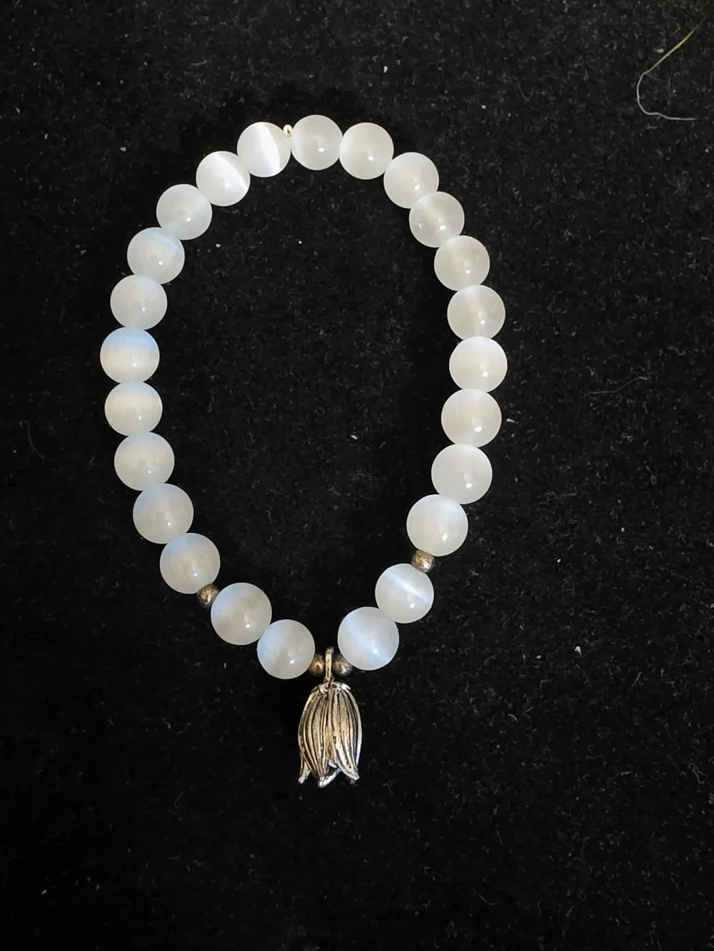 Selenite Stretch Bracelet with Silver Lotus Charm
